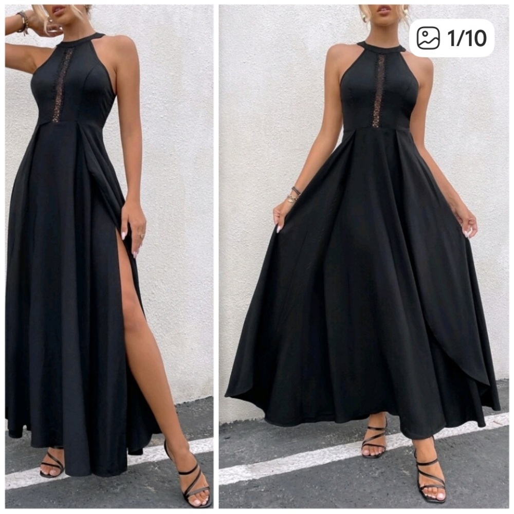 NEW Chic Lace Halter Maxi Dress Black Split Leg